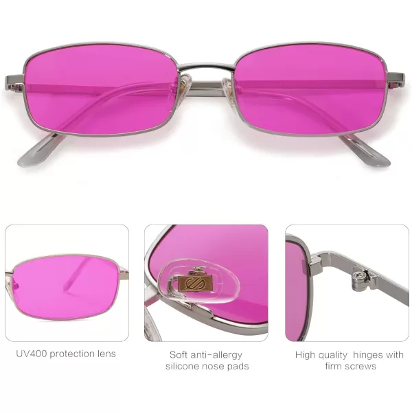 SOJOS Retro Hippie Rectangle Sunglasses 70s Vintage Trendy Small Narrow UV400 Sunnies SJ1187Silver Rose