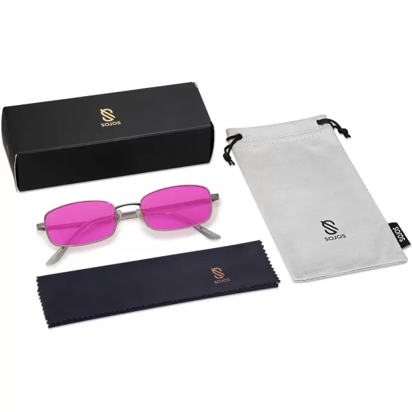 SOJOS Retro Hippie Rectangle Sunglasses 70s Vintage Trendy Small Narrow UV400 Sunnies SJ1187Silver Rose