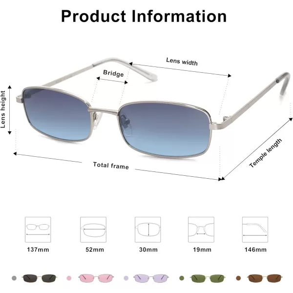 SOJOS Retro Hippie Rectangle Sunglasses 70s Vintage Trendy Small Narrow UV400 Sunnies SJ1187SilverDark Blue