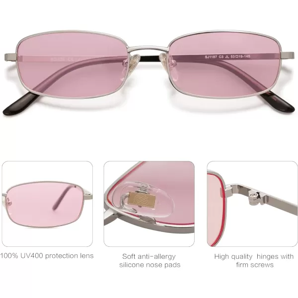 SOJOS Retro Hippie Rectangle Sunglasses 70s Vintage Trendy Small Narrow UV400 Sunnies SJ1187SilverTinted Pink