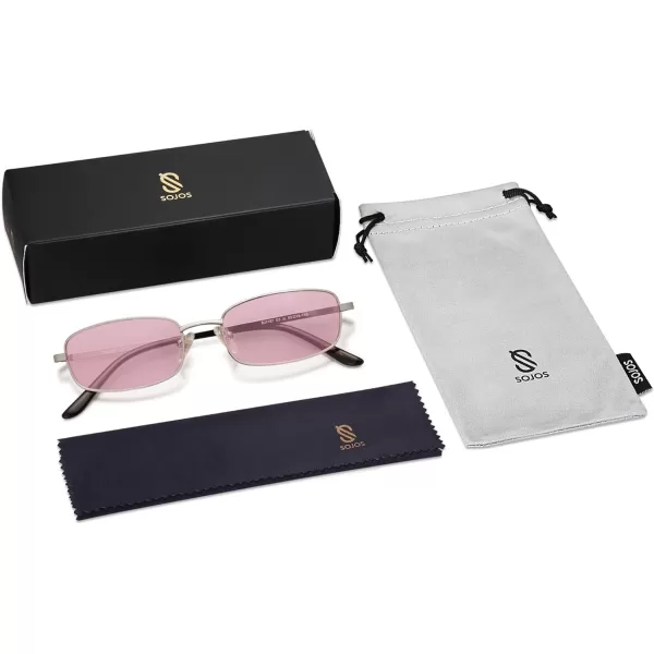 SOJOS Retro Hippie Rectangle Sunglasses 70s Vintage Trendy Small Narrow UV400 Sunnies SJ1187SilverTinted Pink