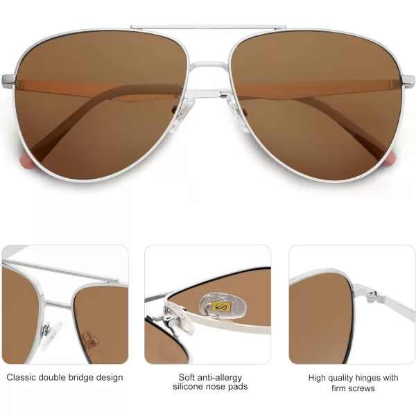 SOJOS Retro Oversized Aviator Polarized Sunglasses for Women Men Classic Large Metal Sun Glasses SJ1207ASilverLight Brown