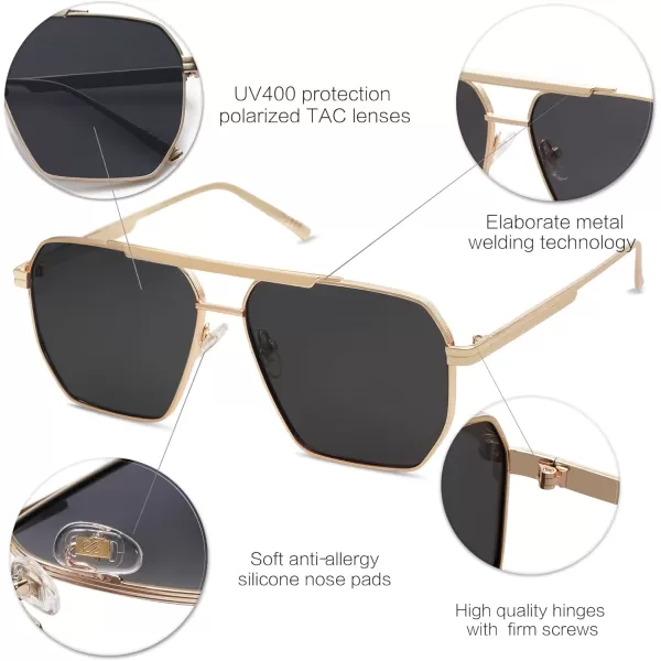 SOJOS Retro Oversized Square Polarized Sunglasses for Women and Men Vintage Shades UV400 Classic Large Metal Sun GlassesGold