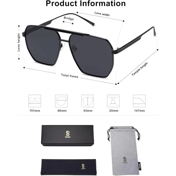 SOJOS Retro Oversized Square Polarized Sunglasses for Women and Men Vintage Shades UV400 Classic Large Metal Sun GlassesShiny Black