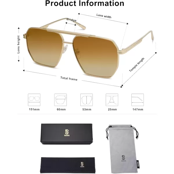 SOJOS Retro Oversized Square Polarized Sunglasses for Women and Men Vintage Shades UV400 Classic Large Metal Sun GlassesShiny GoldGradient Brown