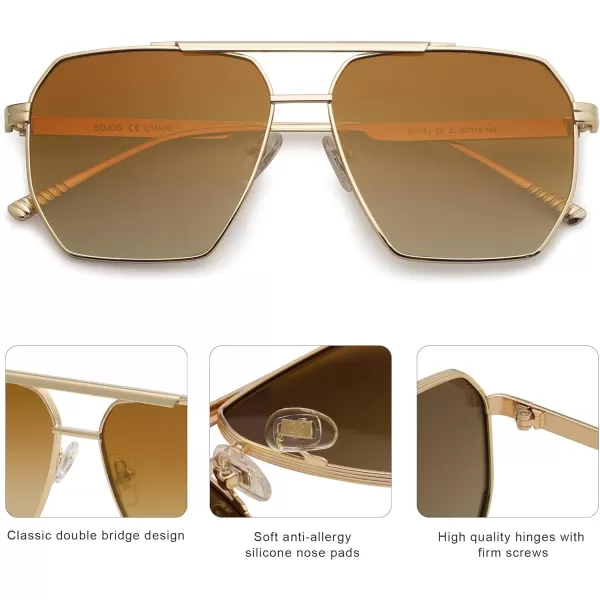SOJOS Retro Oversized Square Polarized Sunglasses for Women and Men Vintage Shades UV400 Classic Large Metal Sun GlassesShiny GoldGradient Brown