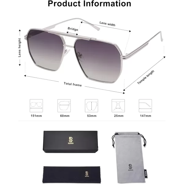SOJOS Retro Oversized Square Polarized Sunglasses for Women and Men Vintage Shades UV400 Classic Large Metal Sun GlassesSilverGrey
