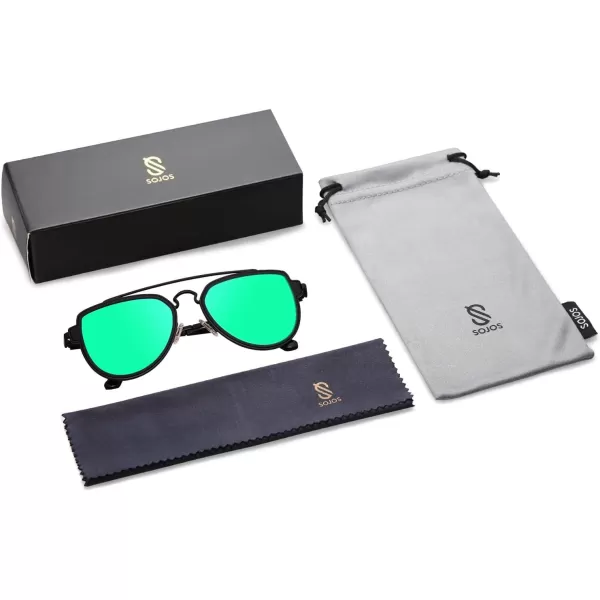 SOJOS Retro Polarized Double Bridge Sunglasses for Men Women Mirrored Lens SJ1051BlackGreenish Blue Mirrored Multicoloured