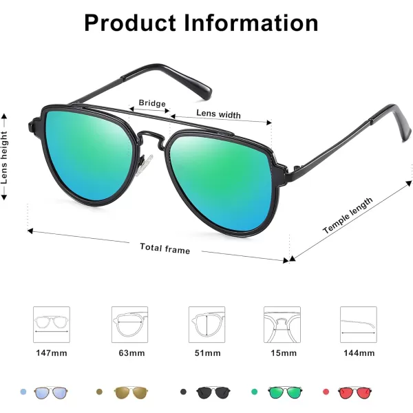 SOJOS Retro Polarized Double Bridge Sunglasses for Men Women Mirrored Lens SJ1051BlackGreenish Blue Mirrored Multicoloured