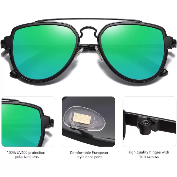 SOJOS Retro Polarized Double Bridge Sunglasses for Men Women Mirrored Lens SJ1051BlackGreenish Blue Mirrored Multicoloured