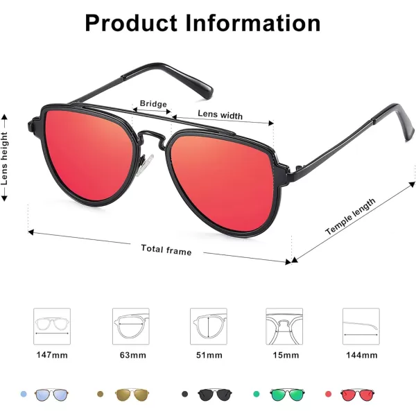SOJOS Retro Polarized Double Bridge Sunglasses for Men Women Mirrored Lens SJ1051BlackRed Mirrored Multicoloured