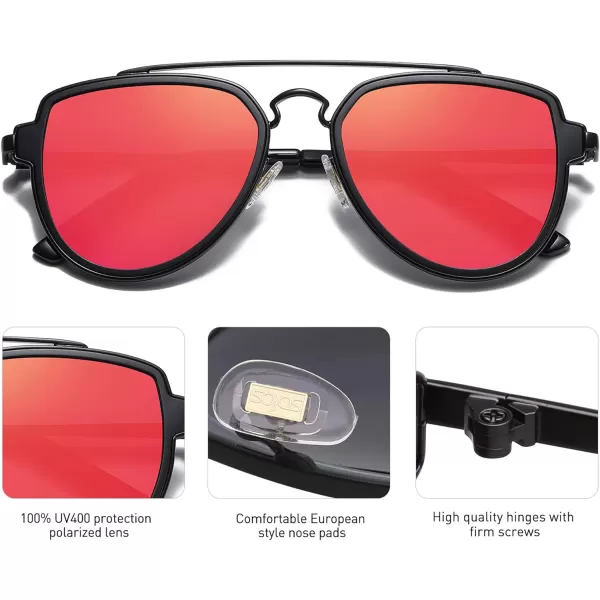 SOJOS Retro Polarized Double Bridge Sunglasses for Men Women Mirrored Lens SJ1051BlackRed Mirrored Multicoloured