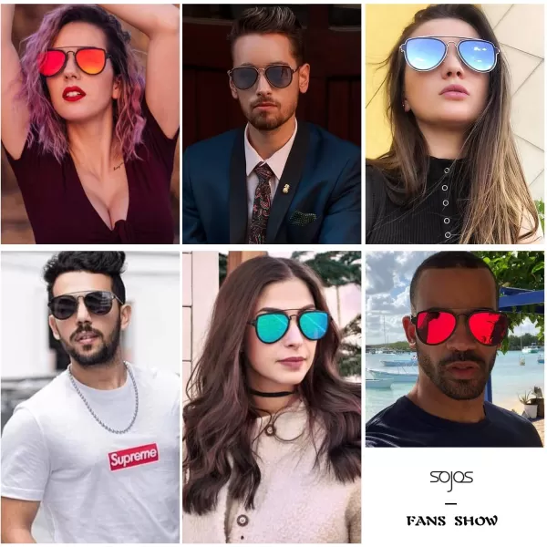 SOJOS Retro Polarized Double Bridge Sunglasses for Men Women Mirrored Lens SJ1051C20 Gold FramePink Mirrored Lensu2014polarized Lens Multicoloured