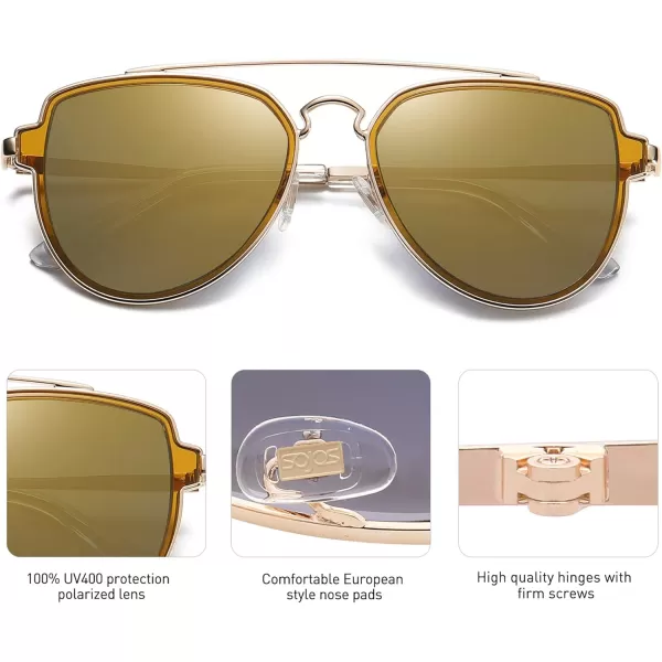 SOJOS Retro Polarized Double Bridge Sunglasses for Men Women Mirrored Lens SJ1051GoldGold Mirrored Multicoloured
