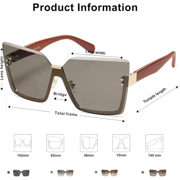 SOJOS Retro Rimless Oversized Sunglasses Womens 50s 60s Trendy Luxury Shades SJ1160Dark Brown LensBrownish Red Temples