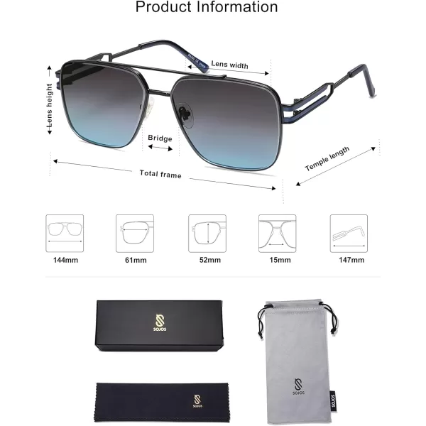 SOJOS Retro Square Metal Frame Sunglasses for Women Men Vintage Double Bridge Flat Lens Women Mens Sun Glasses SJ1180BlackGreyampblue