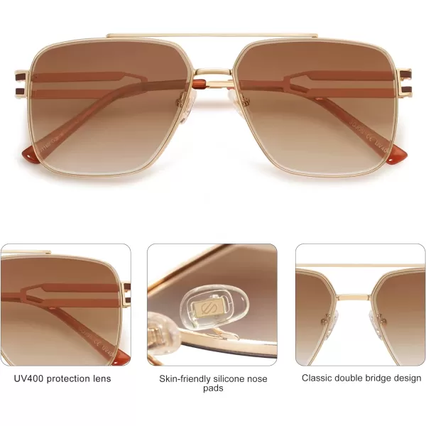 SOJOS Retro Square Metal Frame Sunglasses for Women Men Vintage Double Bridge Flat Lens Women Mens Sun Glasses SJ1180GoldBrown