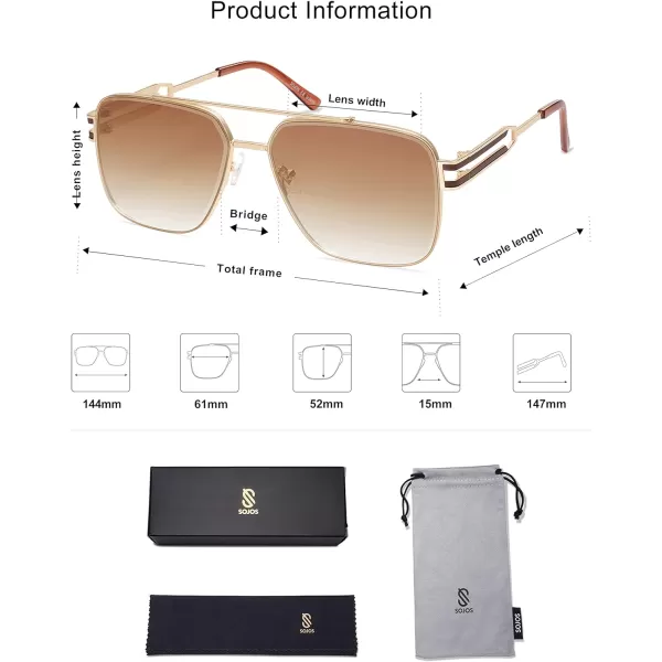 SOJOS Retro Square Metal Frame Sunglasses for Women Men Vintage Double Bridge Flat Lens Women Mens Sun Glasses SJ1180GoldBrown