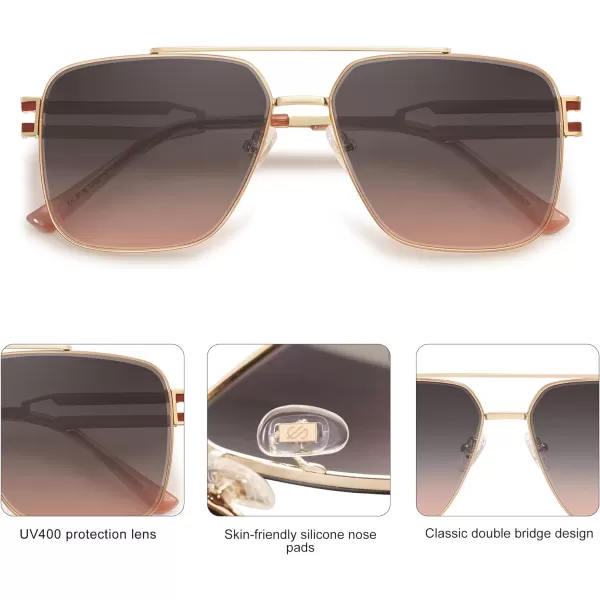 SOJOS Retro Square Metal Frame Sunglasses for Women Men Vintage Double Bridge Flat Lens Women Mens Sun Glasses SJ1180GoldGreyamppink