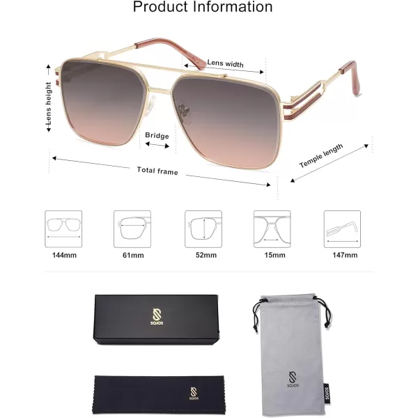 SOJOS Retro Square Metal Frame Sunglasses for Women Men Vintage Double Bridge Flat Lens Women Mens Sun Glasses SJ1180GoldGreyamppink
