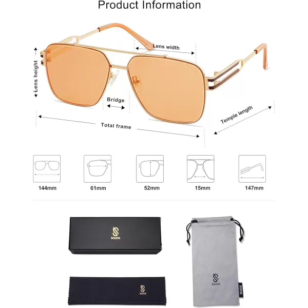 SOJOS Retro Square Metal Frame Sunglasses for Women Men Vintage Double Bridge Flat Lens Women Mens Sun Glasses SJ1180GoldOrange