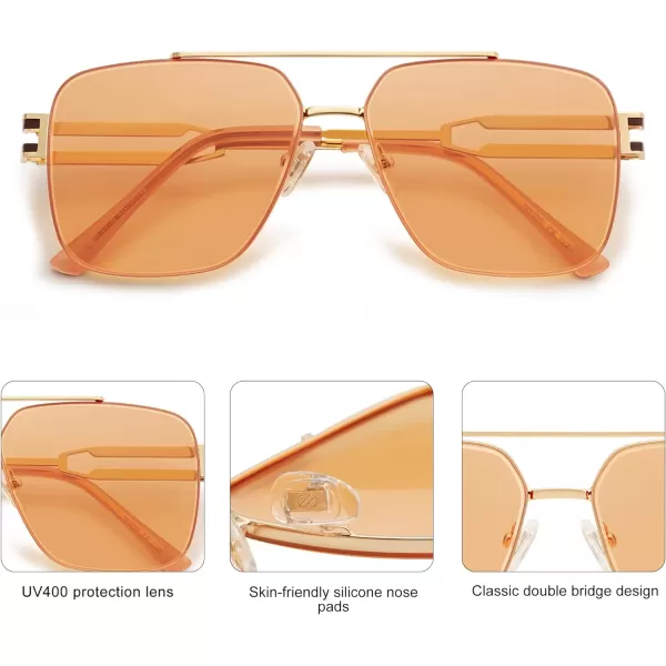 SOJOS Retro Square Metal Frame Sunglasses for Women Men Vintage Double Bridge Flat Lens Women Mens Sun Glasses SJ1180GoldOrange