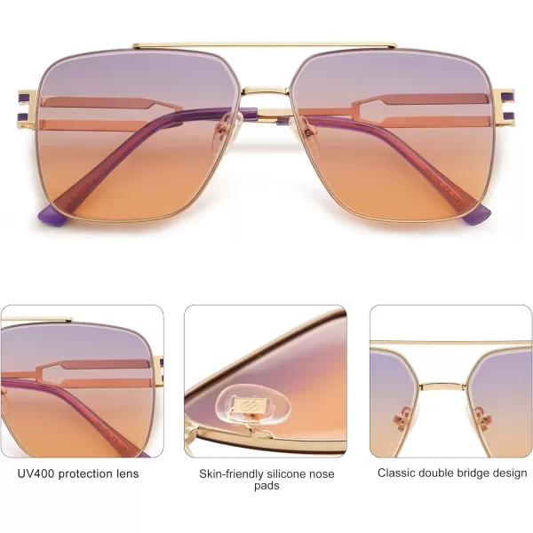 SOJOS Retro Square Metal Frame Sunglasses for Women Men Vintage Double Bridge Flat Lens Women Mens Sun Glasses SJ1180GoldPurpleamporange