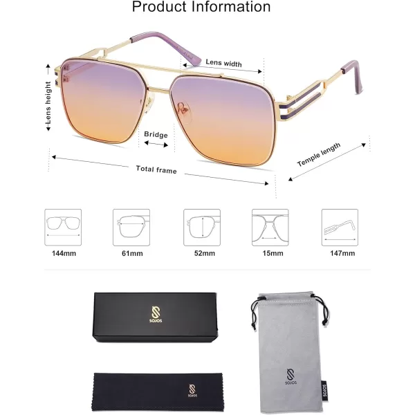 SOJOS Retro Square Metal Frame Sunglasses for Women Men Vintage Double Bridge Flat Lens Women Mens Sun Glasses SJ1180GoldPurpleamporange