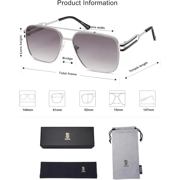 SOJOS Retro Square Metal Frame Sunglasses for Women Men Vintage Double Bridge Flat Lens Women Mens Sun Glasses SJ1180SilverGrey
