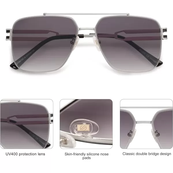 SOJOS Retro Square Metal Frame Sunglasses for Women Men Vintage Double Bridge Flat Lens Women Mens Sun Glasses SJ1180SilverGrey