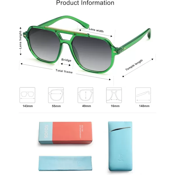 SOJOS Retro Trendy Aviator Polarized Sunglasses Men Women Vintage 70s Square Stylish Frame Sun Glasses SJ2283Crystal GreenGrey Grading