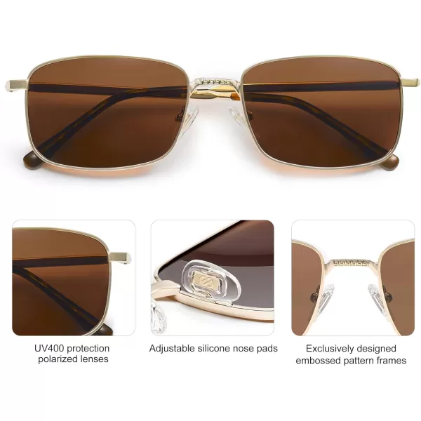 SOJOS Retro Vintage Rectangle Polarized Sunglasses Mens Womens Classic UV400 Metal Sunnies SJ1215GoldBrown