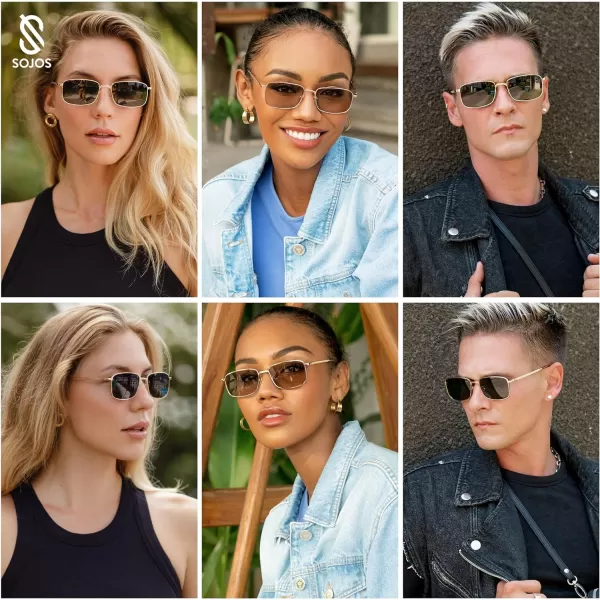 SOJOS Retro Vintage Rectangle Polarized Sunglasses Mens Womens Classic UV400 Metal Sunnies SJ1215GoldBrown