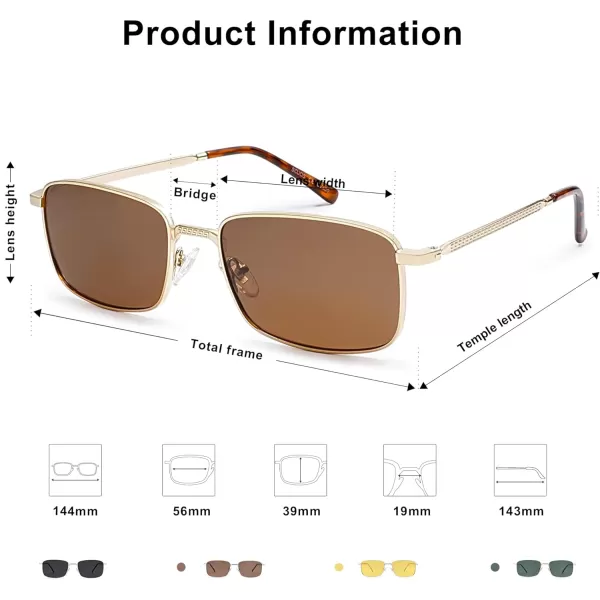 SOJOS Retro Vintage Rectangle Polarized Sunglasses Mens Womens Classic UV400 Metal Sunnies SJ1215GoldBrown