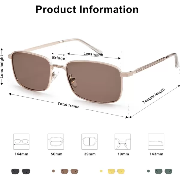 SOJOS Retro Vintage Rectangle Polarized Sunglasses Mens Womens Classic UV400 Metal Sunnies SJ1215Rose GoldLight Brown