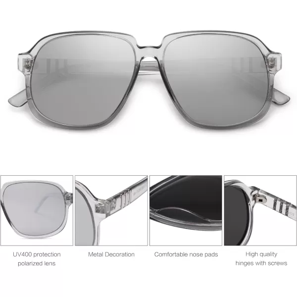 SOJOS Retro Vintage Square Polarized Sunglasses for Women Men 70s Stylish Oversized Sunnies SJ2272GreySilver Mirrored