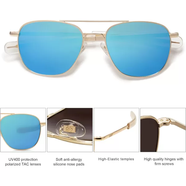 SOJOS Small Polarized Aviator Sunglasses for Men Women Classic Double Bridge Square Aviators SJ1179Bright GoldMirrored Blue