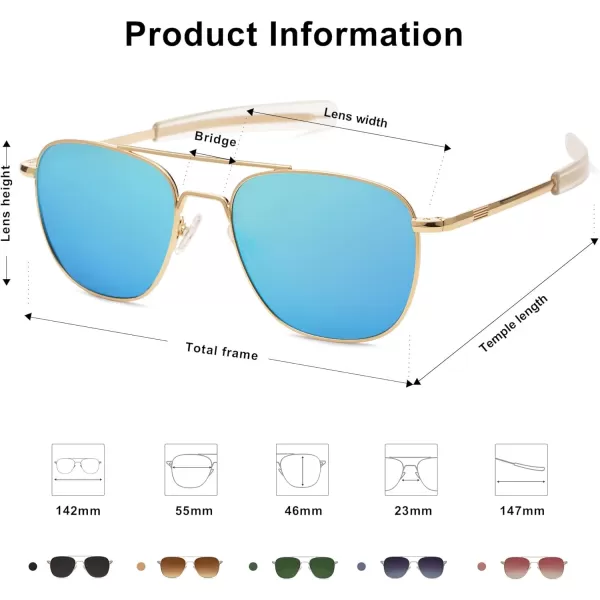 SOJOS Small Polarized Aviator Sunglasses for Men Women Classic Double Bridge Square Aviators SJ1179Bright GoldMirrored Blue