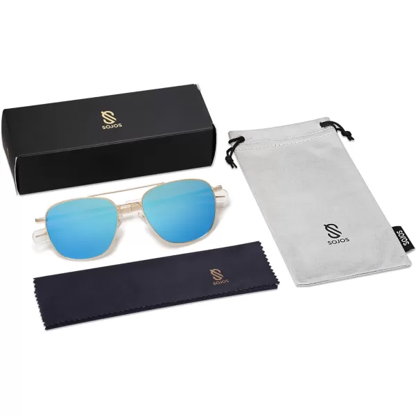SOJOS Small Polarized Aviator Sunglasses for Men Women Classic Double Bridge Square Aviators SJ1179Bright GoldMirrored Blue