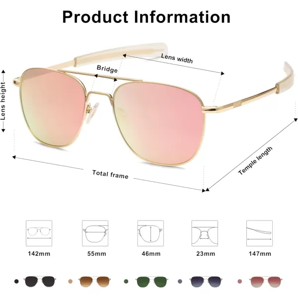 SOJOS Small Polarized Aviator Sunglasses for Men Women Classic Double Bridge Square Aviators SJ1179GoldPink Mirrored