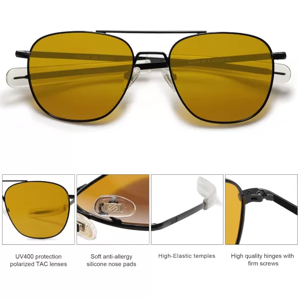 SOJOS Small Polarized Aviator Sunglasses for Men Women Classic Double Bridge Square Aviators SJ1179Shiny BlackDark Yellow