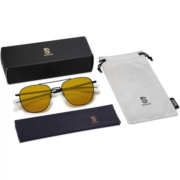 SOJOS Small Polarized Aviator Sunglasses for Men Women Classic Double Bridge Square Aviators SJ1179Shiny BlackDark Yellow