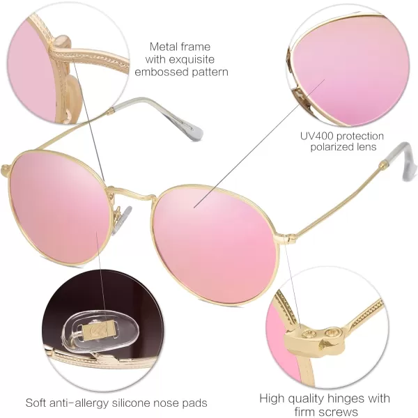 SOJOS Small Round Polarized Sunglasses for Women Men Classic Vintage Retro Shades UV400GoldPink