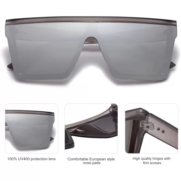 SOJOS Square Big Sunglasses Women Thick Frame Flat Top Mirrored Sunnies Shades Goggle Siamese Lens SJ2117C3 Clear Grey FrameSilver Mirrored Lens