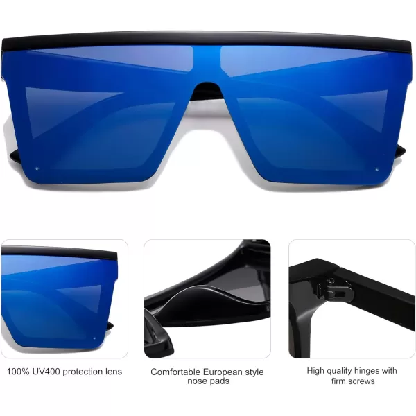 SOJOS Square Big Sunglasses Women Thick Frame Flat Top Mirrored Sunnies Shades Goggle Siamese Lens SJ2117C4 Black FrameBlue Mirrored Lens