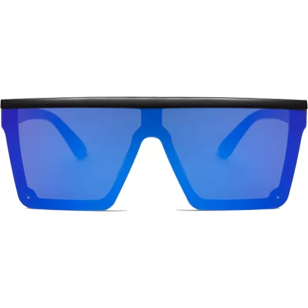 SOJOS Square Big Sunglasses Women Thick Frame Flat Top Mirrored Sunnies Shades Goggle Siamese Lens SJ2117C4 Black FrameBlue Mirrored Lens