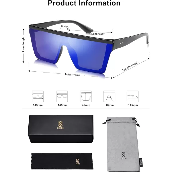 SOJOS Square Big Sunglasses Women Thick Frame Flat Top Mirrored Sunnies Shades Goggle Siamese Lens SJ2117C4 Black FrameBlue Mirrored Lens