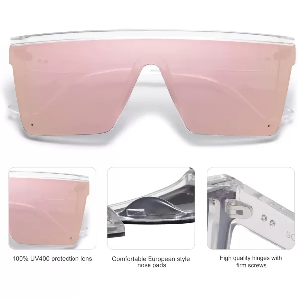 SOJOS Square Big Sunglasses Women Thick Frame Flat Top Mirrored Sunnies Shades Goggle Siamese Lens SJ2117C6 Crystal FramePink Mirrored Lens