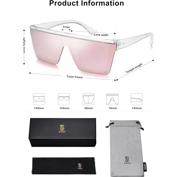 SOJOS Square Big Sunglasses Women Thick Frame Flat Top Mirrored Sunnies Shades Goggle Siamese Lens SJ2117C6 Crystal FramePink Mirrored Lens