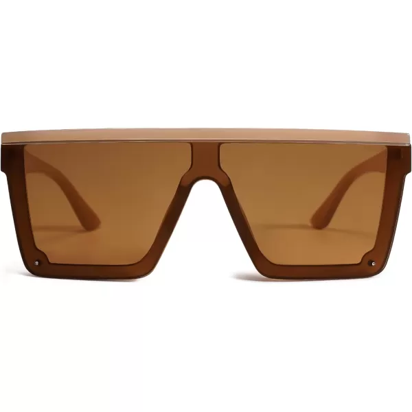 SOJOS Square Big Sunglasses Women Thick Frame Flat Top Mirrored Sunnies Shades Goggle Siamese Lens SJ2117C7 Brown Frame Brown Lens